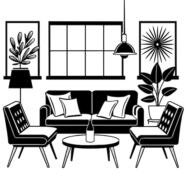 Interior de la sala de estar con sofá, mesa de café, sillón, lámpara y plantas