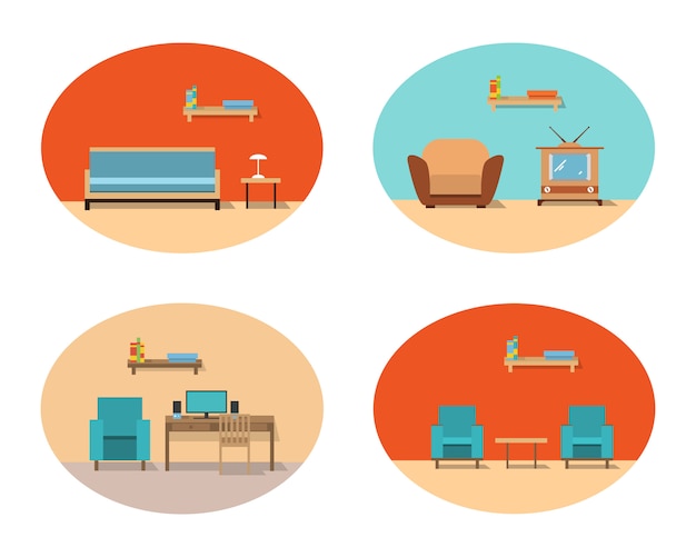 Interior de la sala de estar con un sofá y sillones y un televisor y un estudio con escritorio y computadora.