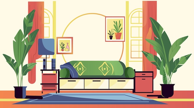 Interior de la sala de estar con sofá verde, plantas de interior y elementos decorativos, colorida, acogedora decoración del hogar, muebles modernos