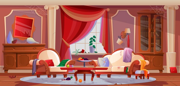 Vector interior de la sala de estar sucia con muebles dañados elementos interiores muebles con telaraña cosas esparcidas objetos rotos cortinas rotas desorden caos ilustración en estilo de dibujos animados