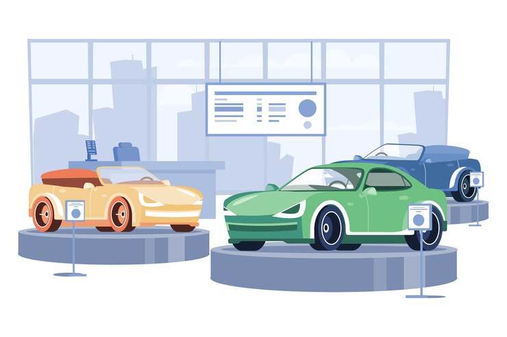 Vector interior de la sala de exposición del centro de concesionarios de automóviles