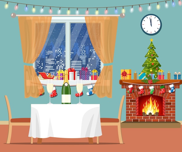 Interior de la sala de navidad árbol de navidad chimenea ventana mesa y sillas feliz fiesta de navidad año nuevo y celebración de navidad ilustración vectorial en estilo plano