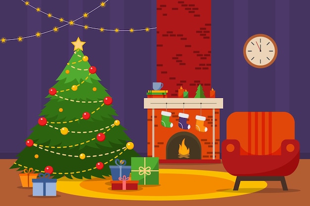 Vector interior de la sala de navidad. árbol de navidad, sillón y chimenea con regalos, calcetines, ilustración vectorial de estilo plano.