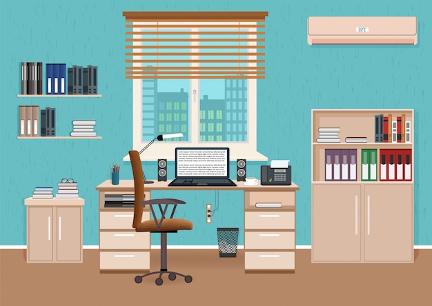 Interior de sala de oficina con espacio de trabajo. Diseño de gabinete de trabajo con muebles y acceso al corredor.