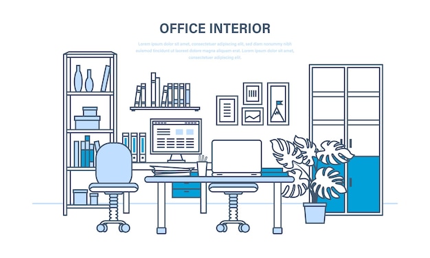 Vector interior de la sala de oficina con un lugar de trabajo entorno discreto