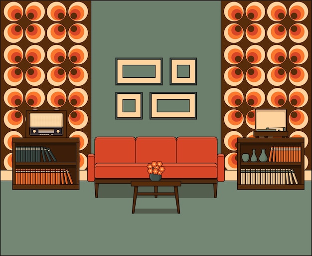 Interior de la sala retro. Ilustración lineal