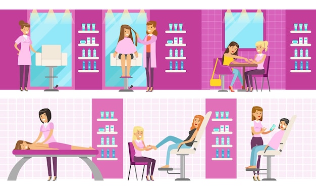 Interior del salón de belleza con trabajadores y clientes conjunto de personas que tienen diferentes procedimientos de tratamiento ilustración vectorial