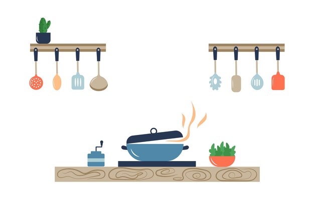 Interior de sartenes de cocina en la estufa de cocina Ilustración vectorial en estilo plano