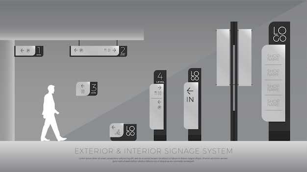 Vector interior y sistema de señalización de tráfico identidad corporativa