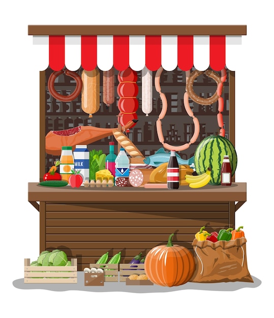 Interior de la tienda de mercado con mercancías.