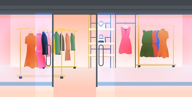 Interior de la tienda de moda moderna vacía sin gente tienda de ropa femenina ilustración vectorial horizontal