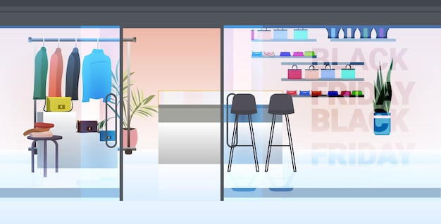 Interior de la tienda de moda moderna vacía sin gente tienda de ropa femenina ilustración vectorial horizontal