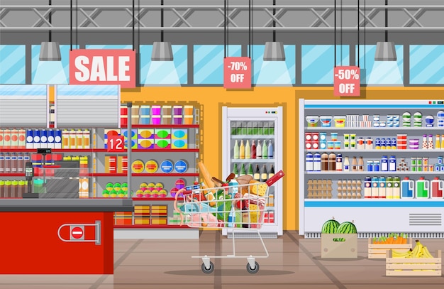 Interior de la tienda de supermercado con mercancías. Gran centro comercial. Tienda interior en el interior. Mostrador de caja, abarrotes, bebidas, alimentos, frutas, productos lácteos. Ilustración de vector de estilo plano