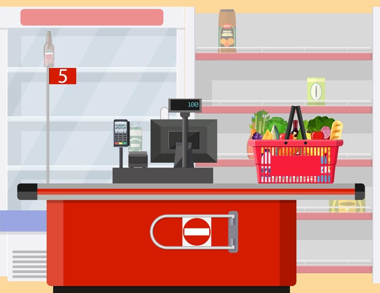 Vector interior de la tienda de supermercado con mercancías.