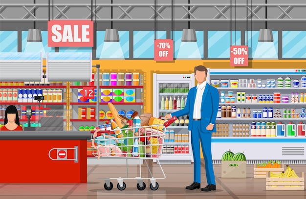 Interior de tienda de supermercado con productos. Gran centro comercial. Tienda de comestibles. Dentro del supermercado. Cliente con cesta llena de comida. Comestibles, bebidas, frutas, productos lácteos. ilustración vectorial plana