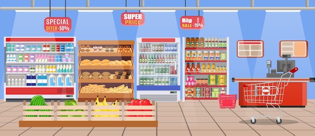 Vector interior de la tienda de supermercado con productos