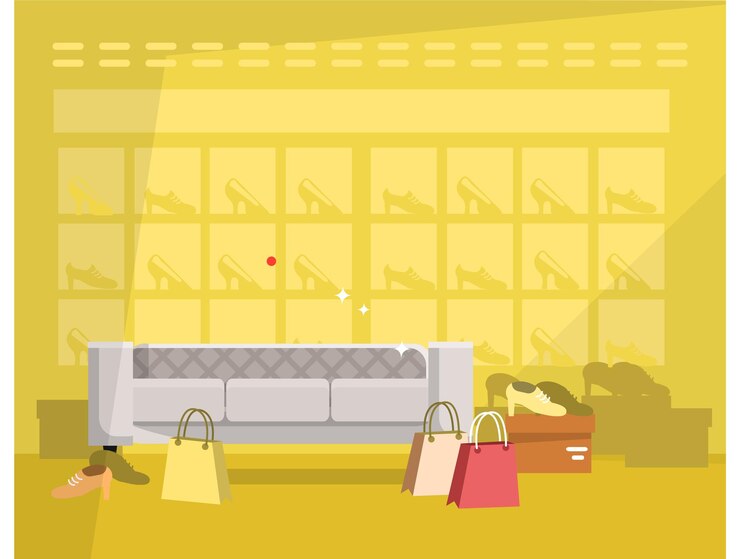 Interior de la tienda de zapatos con bolsas y zapatos