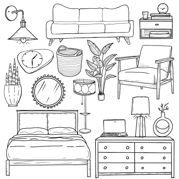 Interior vectorial de la sala de estar dibujado a mano en blanco y negro bocetos Doodles conjunto de muebles