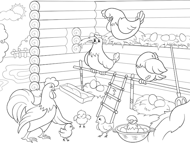 Vector interior y vida de las aves en el gallinero para colorear para niños ilustración vectorial de dibujos animados