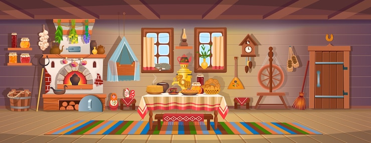 Vector el interior de una vieja cabaña rusa