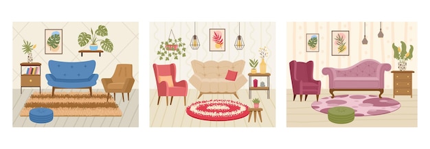 Interiores de dibujos animados de moda acogedores muebles para el hogar y conjunto de ilustraciones de vectores interiores de alfombras