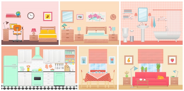 Interiores de habitaciones. Ilustración en diseño plano. Casa de dibujos animados