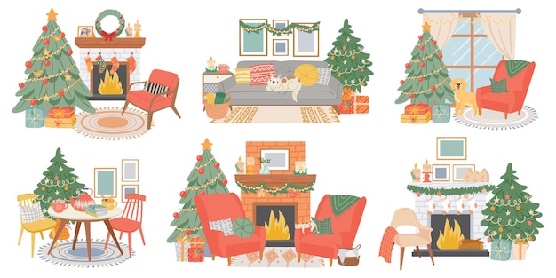 Interiores navideños. habitación decorada en año nuevo con pino, chimenea, cómodos sillones, gato y perro. conjunto de vector de ambiente de vacaciones de invierno en casa. ilustración interior de la chimenea, presente tradicional