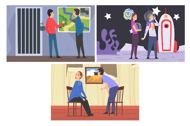 Los interiores de las salas de escape establecen una búsqueda de la realidad con personas que intentan buscar tesoros y resolver rompecabezas Ilustración vectorial