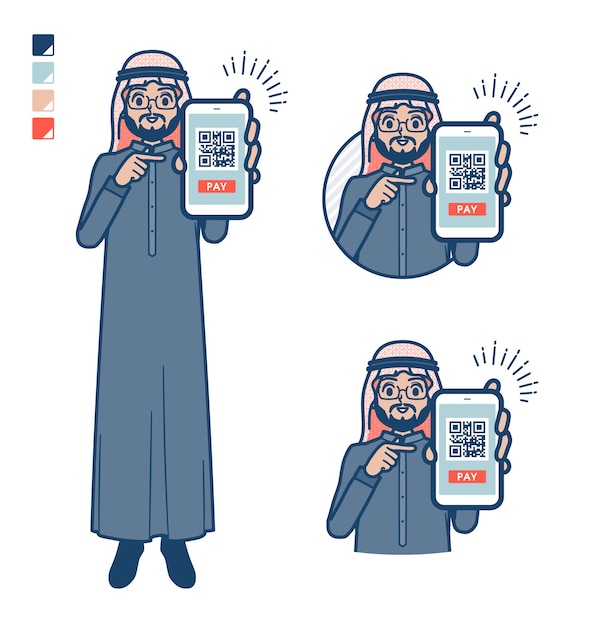 Un intermediario árabe vestido de negro con pago sin efectivo en imágenes de teléfonos inteligentes