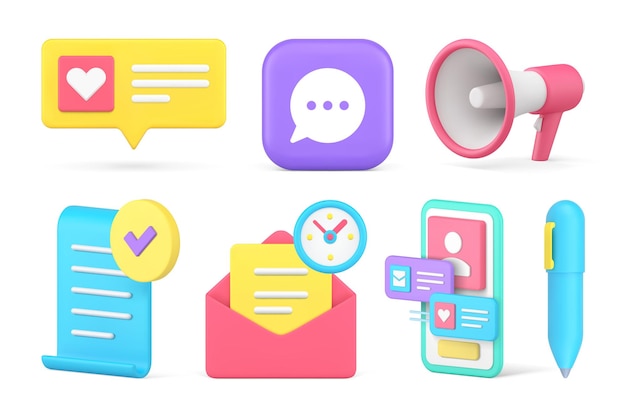 Internet chat mensaje entrante comunicación red social publicidad conjunto 3d icono vector