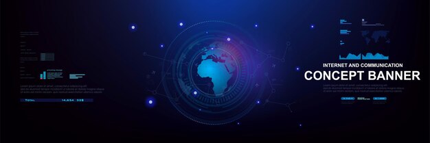 Internet y comunicaciones Banner conceptual con elementos de HUD Globo con conexiones de intercambio de datos de información Tecnologías de Internet y comunicaciones del mundo Interfaz de gráfico de la Tierra en estilo HUD