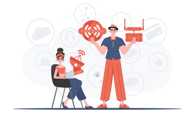 Internet de las cosas y concepto de automatización La chica y el chico son un equipo en el campo de Internet de las cosas Bueno para presentaciones y sitios web Estilo plano de moda Vector