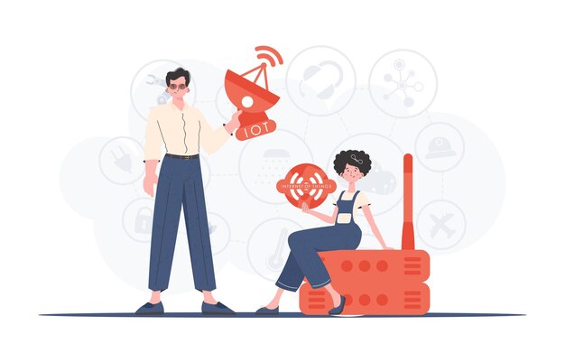 Internet de las cosas y el concepto de automatización Un hombre y una mujer son un equipo en el campo de Internet de las cosas Bueno para sitios web y presentaciones Ilustración vectorial en estilo moderno y plano