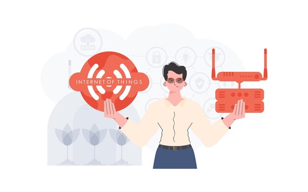Internet de las cosas y el concepto de automatización Un hombre sostiene un icono de Internet en sus manos Enrutador y servidor Bueno para presentaciones y sitios web Estilo plano de moda Ilustración vectorial