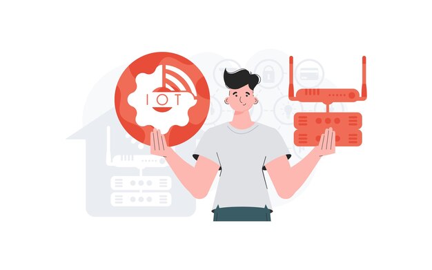 Internet de las cosas y concepto de automatización Un hombre sostiene un icono de Internet en sus manos Enrutador y servidor Bueno para presentaciones y sitios web Ilustración vectorial en estilo plano