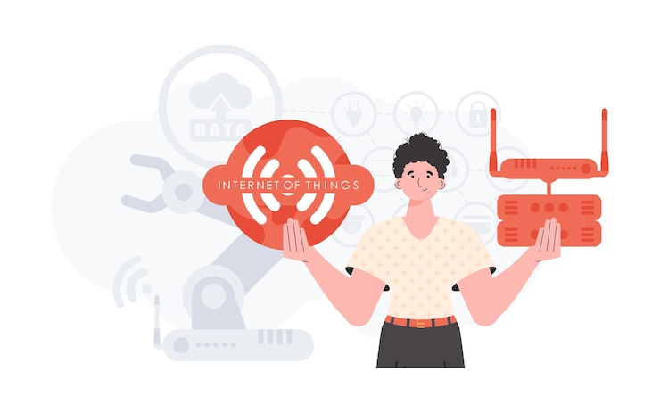 Vector internet de las cosas y concepto de automatización un hombre sostiene un icono de internet en sus manos enrutador y servidor bueno para sitios web y presentaciones ilustración vectorial en estilo plano