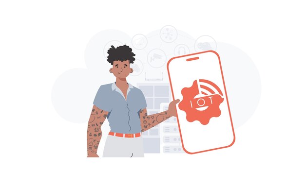 Internet de las cosas y el concepto de automatización Un hombre sostiene un teléfono con el logotipo de IoT en sus manos Estilo plano de moda Ilustración vectorial
