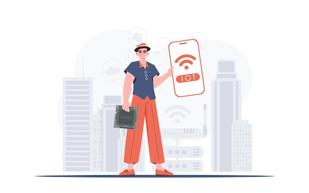Internet de las cosas y el concepto de automatización Un hombre sostiene un teléfono con el logotipo de IoT en sus manos Ilustración vectorial en estilo moderno y plano