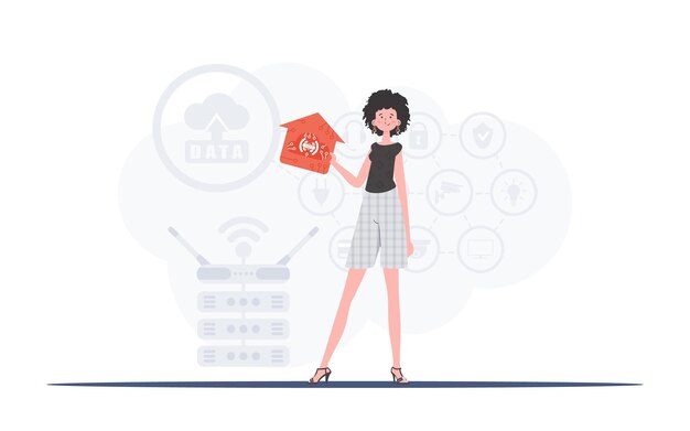 Internet de las cosas y el concepto de automatización La mujer está representada en pleno crecimiento sosteniendo un icono de una casa en sus manos Bueno para presentaciones Ilustración vectorial en estilo plano
