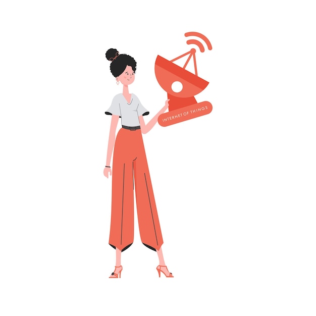 Internet de las cosas y el concepto de automatización Una mujer sostiene una antena parabólica en sus manos Aislada sobre fondo blanco Estilo plano de moda Ilustración vectorial