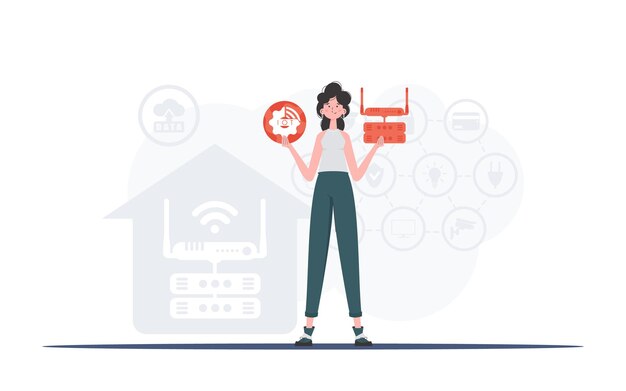 Internet de las cosas y concepto de automatización Una mujer sostiene un icono de Internet en sus manos Enrutador y servidor Bueno para presentaciones y sitios web Estilo plano de moda Ilustración vectorial