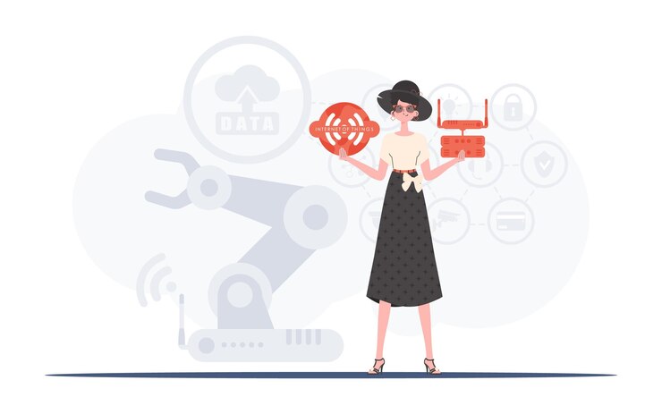Vector internet de las cosas y el concepto de automatización una mujer sostiene un icono de internet en sus manos enrutador y servidor bueno para sitios web y presentaciones estilo plano de moda ilustración vectorial