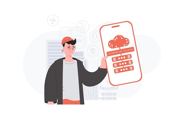 Internet de las cosas y el concepto de automatización El tipo sostiene un teléfono con el logotipo de IoT en sus manos Estilo plano de moda Ilustración vectorial