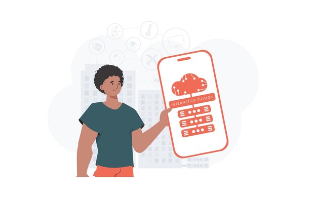 Internet de las cosas y el concepto de automatización El tipo sostiene un teléfono con el logotipo de IoT en sus manos Ilustración vectorial en estilo plano