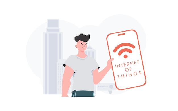 Internet de las cosas y el concepto de automatización El tipo sostiene un teléfono con el logotipo de IoT en sus manos Vector