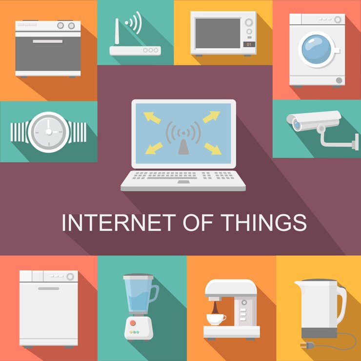Internet de las cosas control remoto de la computadora composición plana resumen aislado