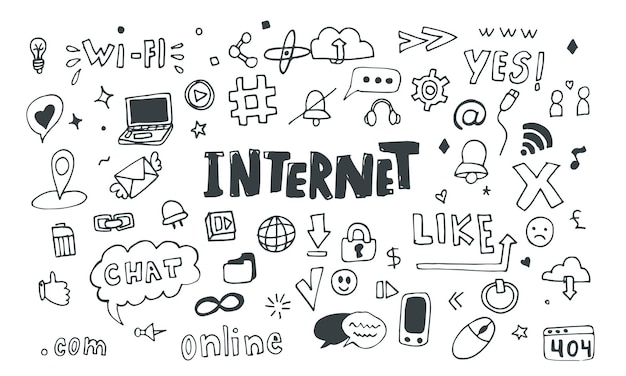 Internet doodle elementos de diseño conjunto de ilustración vectorial aislar en fondo blanco varios elementos de Internet y redes sociales dibujado a mano ilustración de estilo doolde para su diseño