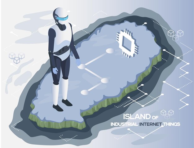 Internet industrial de las cosas 4ir revolución AI IoT Robot organismo cibernético trabaja interfaz digital usando computadora en la isla Asistente técnico virtual humanoide futuro Inteligencia artificial