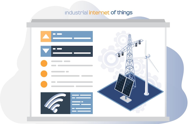 Vector internet industrial de las cosas página web inteligente del concepto de energía alternativa con paneles solares turbinas eólicas almacenamiento de baterías red de transmisión de energía eléctrica de alto voltaje 4ir revolución ai iot