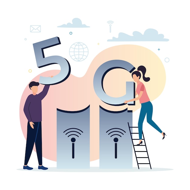 Internet móvil 5G Una mujer en las escaleras pone la letra G en la torre el hombre pone el número 5 contra el fondo de la red Iconos de nubes de torre de Internet Ilustración vectorial